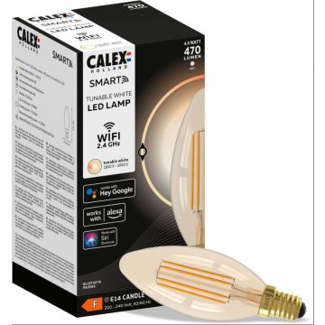 Calex | Smart | Candela B35 | Filamento dritto in vetro pieno oro | 4,9W | Attacco E14 | Dimmerabile con app