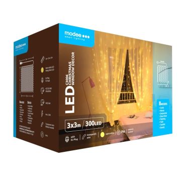 Modee | Kerstverlichting LED lichtsnoer | 3 x 3m | 300 Lichtpunten met 8 Lichtstanden | IP44 | Warm Wit Licht